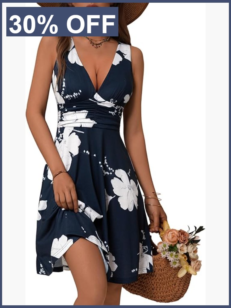 Sleeveless Floral Sundress With Pockets, V-Neck, Empire Waist, Summer Casual